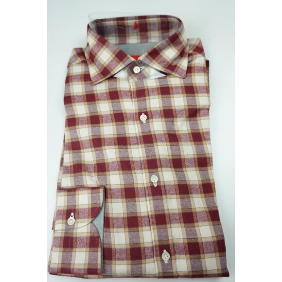 Isaia Flannel Red Beige Plaid Long Sleeve Cotton Dress Shirt 15.5/39 NEW